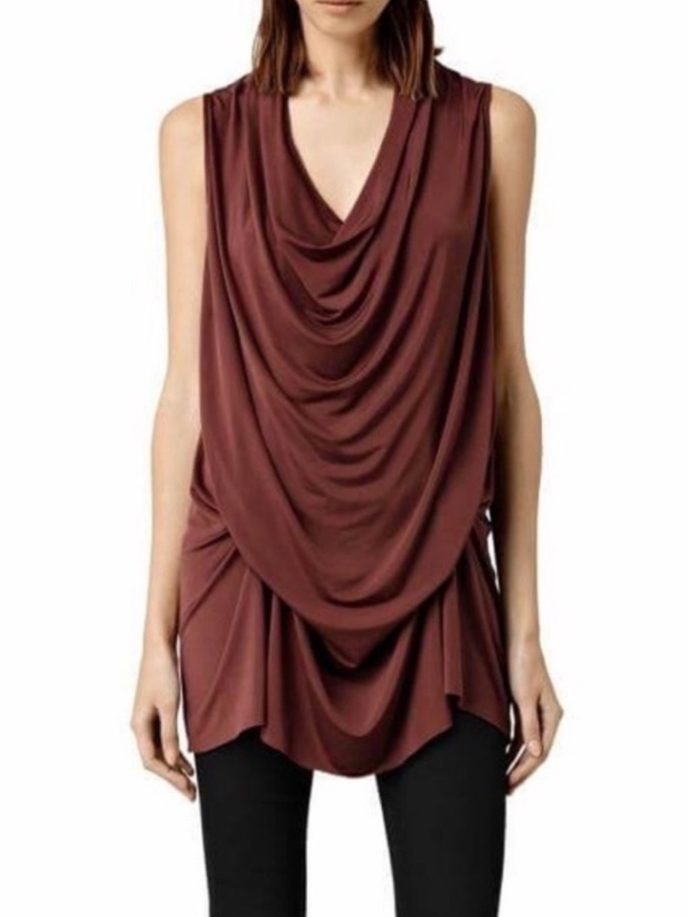 NWT All Saints Amei Drape Wrap Tie Detail Top in Russet Burnt Orange Red